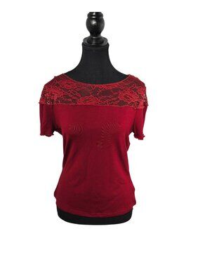 NWT | GRACE KARIN Burgundy Red Floral Lace Yoke Boat Neck Short Sleeve Top | Med